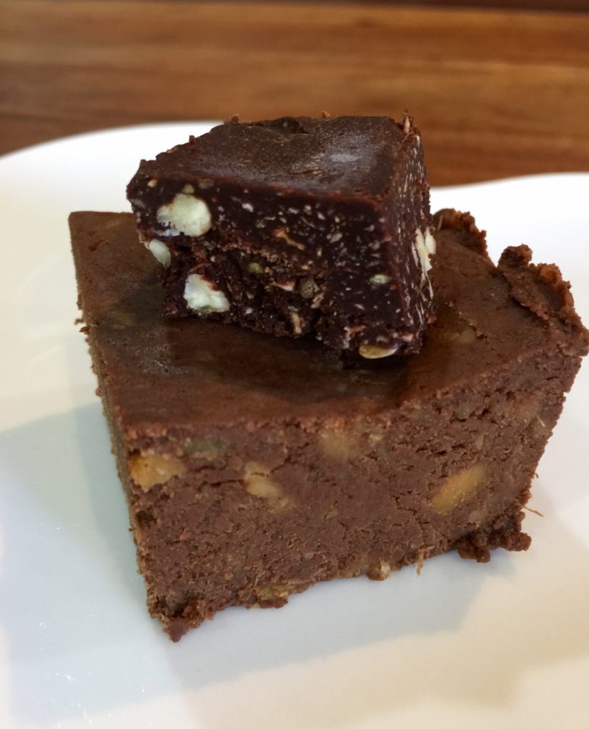 Dessert: sweet potato protein brownie (bottom), chocolate chia freezer fudge (top)