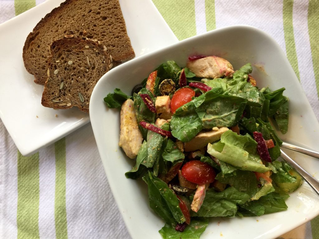 Salad with chicken & tofu, artisan rye bread