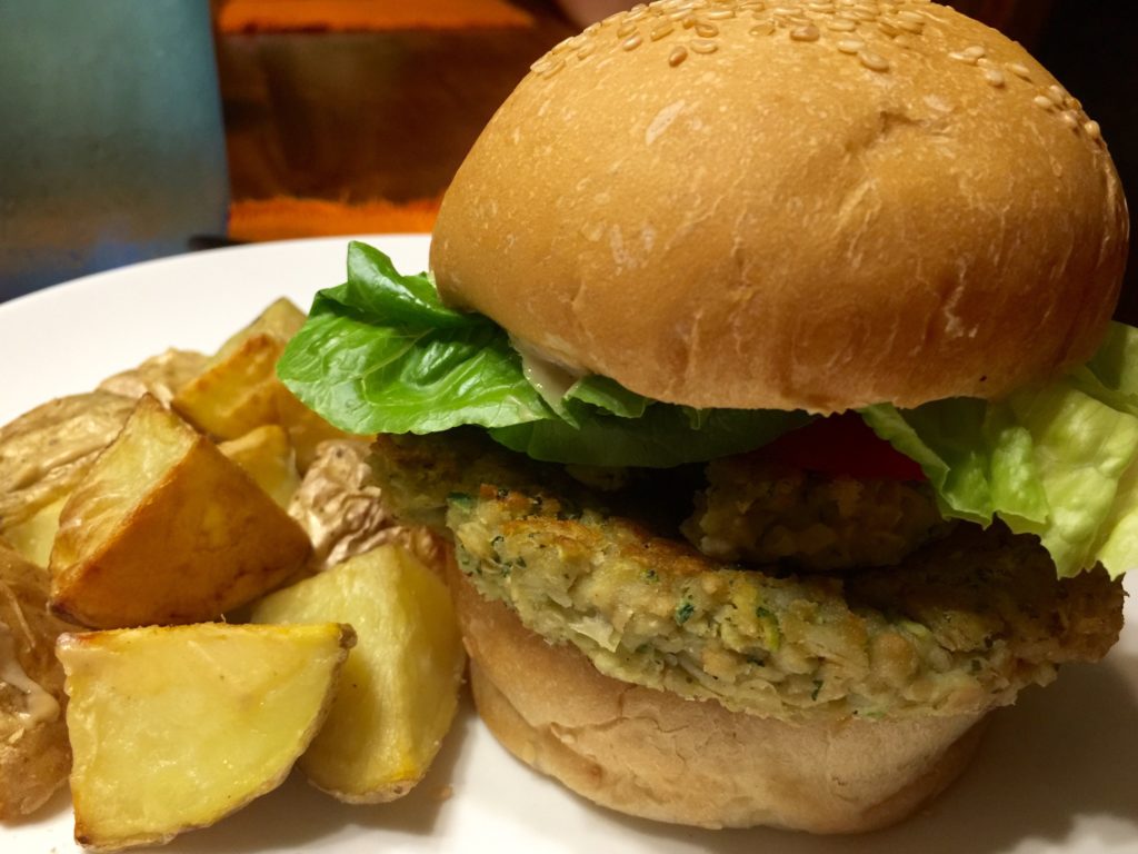 Zucchini pesto white bean burger and potatoes