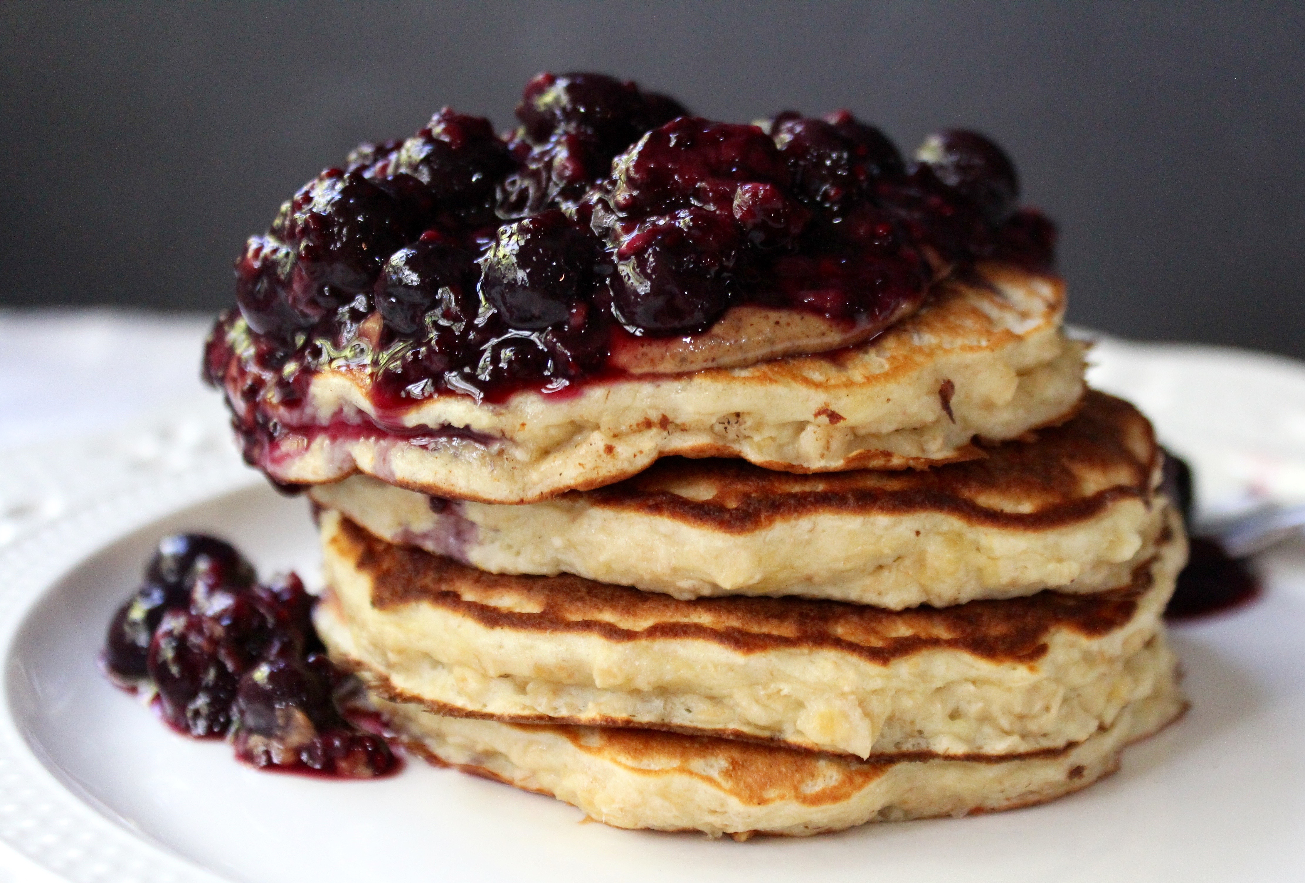 Banana Oatmeal Pancakes with Mixed Berry Compote