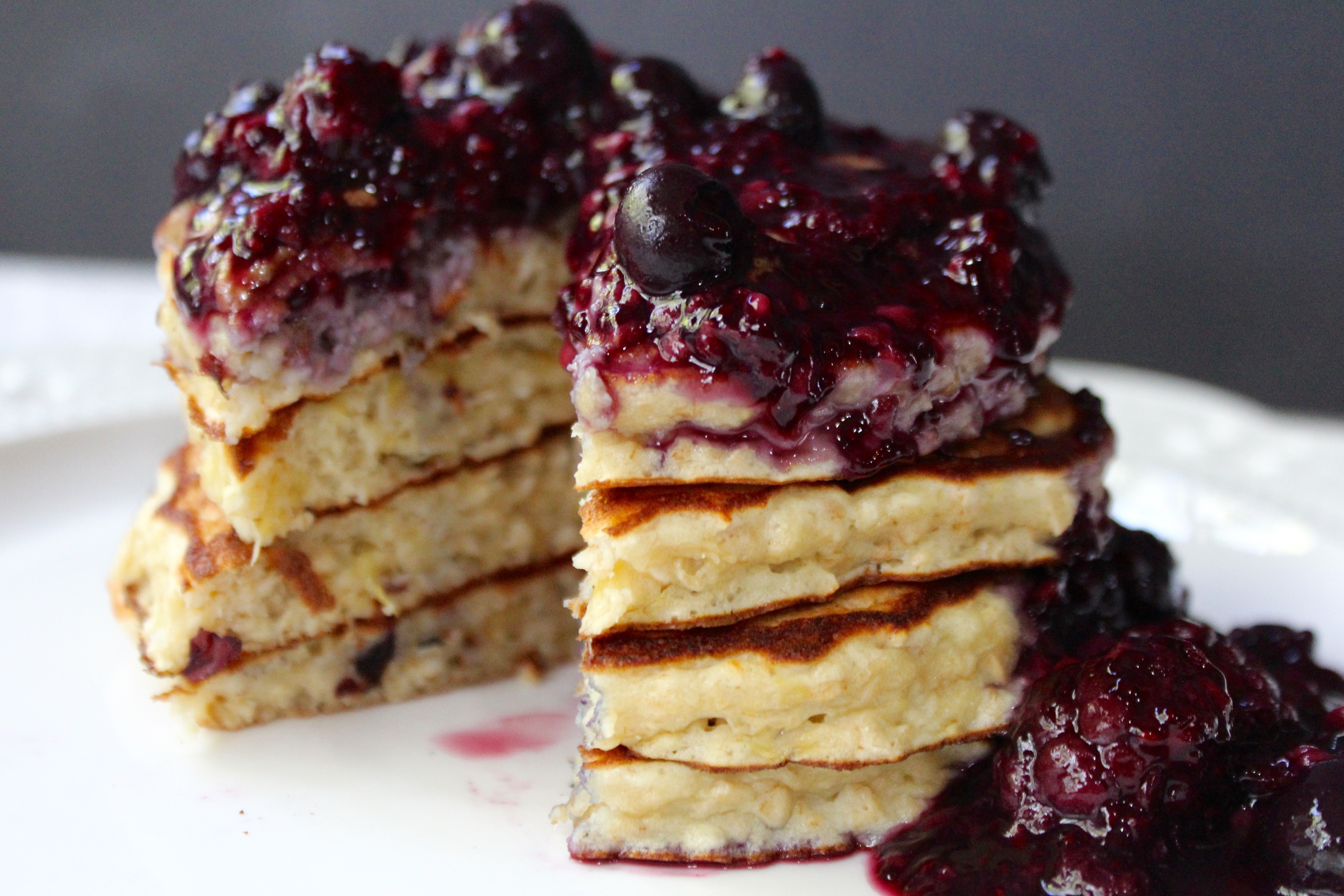 Banana Oatmeal Pancakes with Mixed Berry Compote