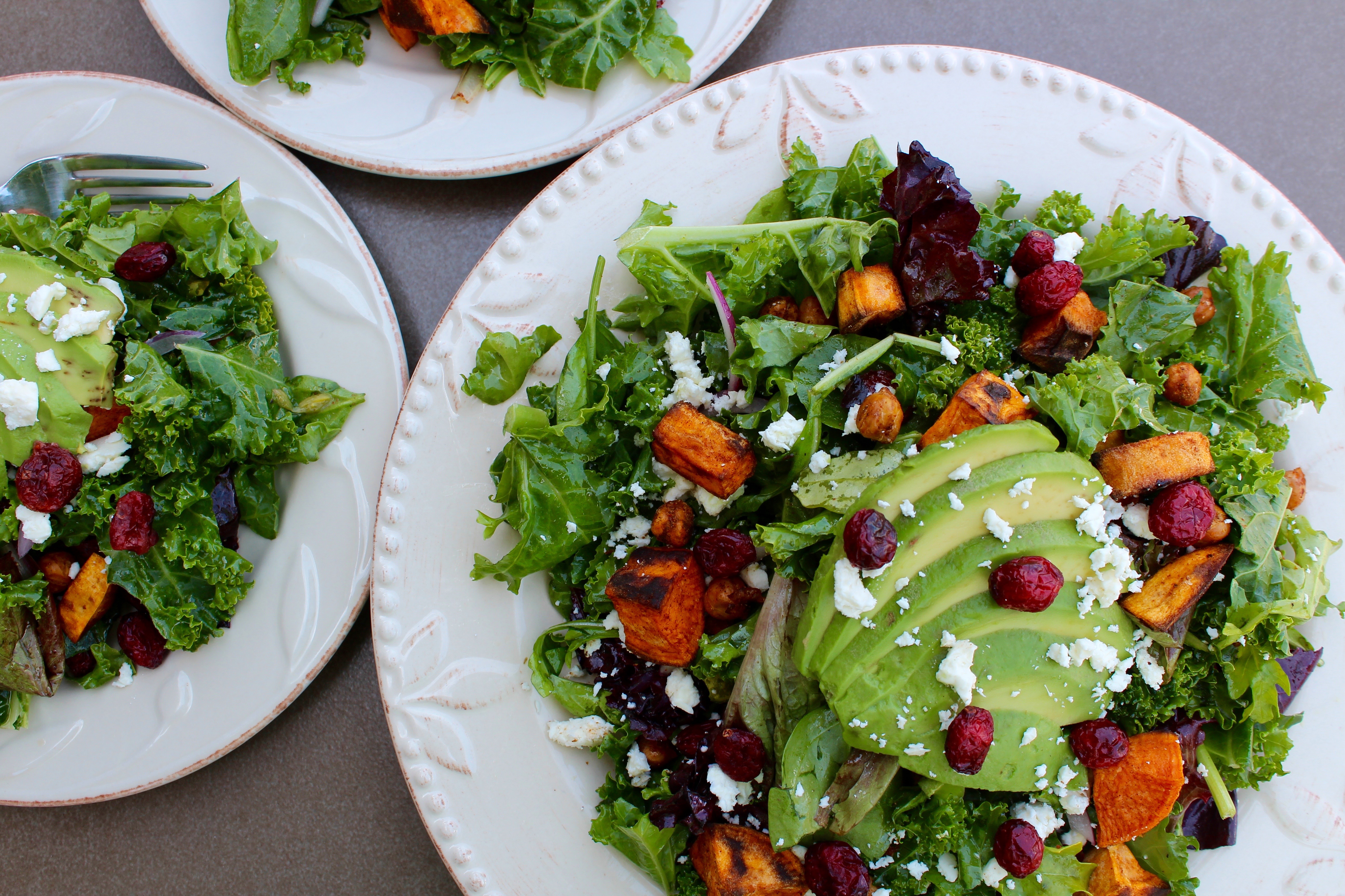 Kale Salad with Avocado, Roasted Sweet Potato, & Smoky Chickpeas