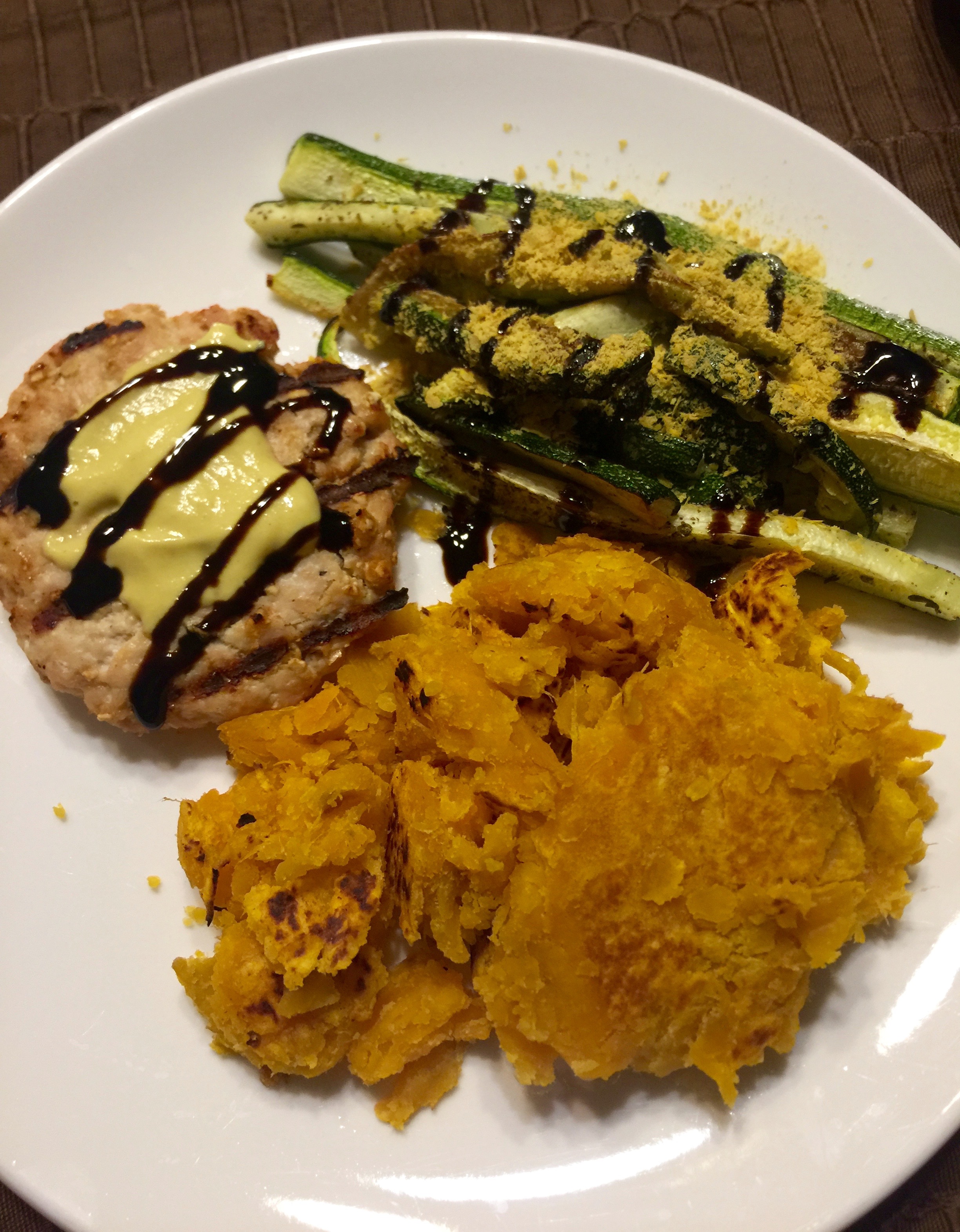 Turkey burger, mashed sweet potato, grilled zucchini